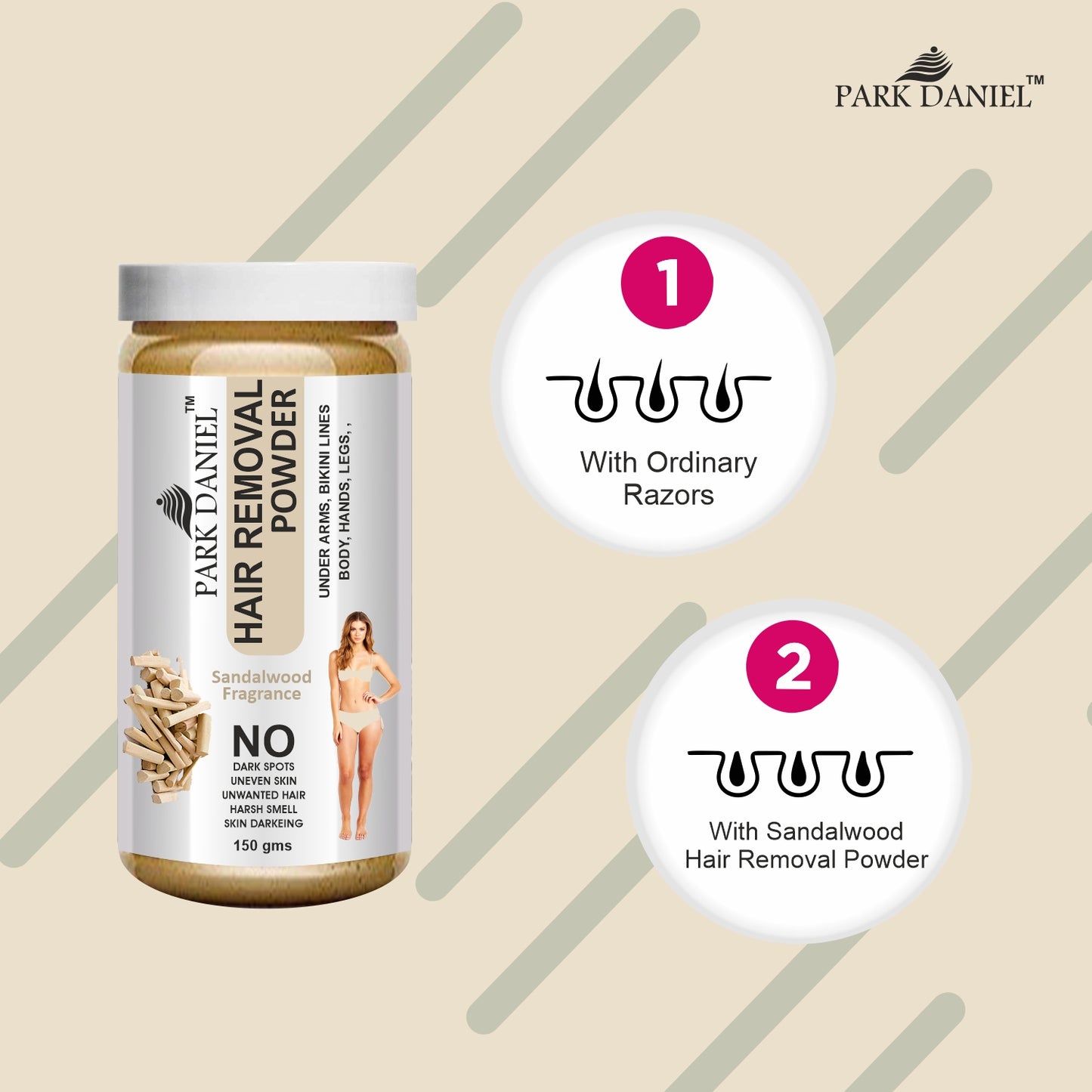 Park Daniel Natural Orange + Sandalwood Fragrance Hair Removal Powder-For Underarms, Hand, Legs & Bikini Line(Three in one Use)Combo Pack of 2 Jars of 150gm (300gm)
