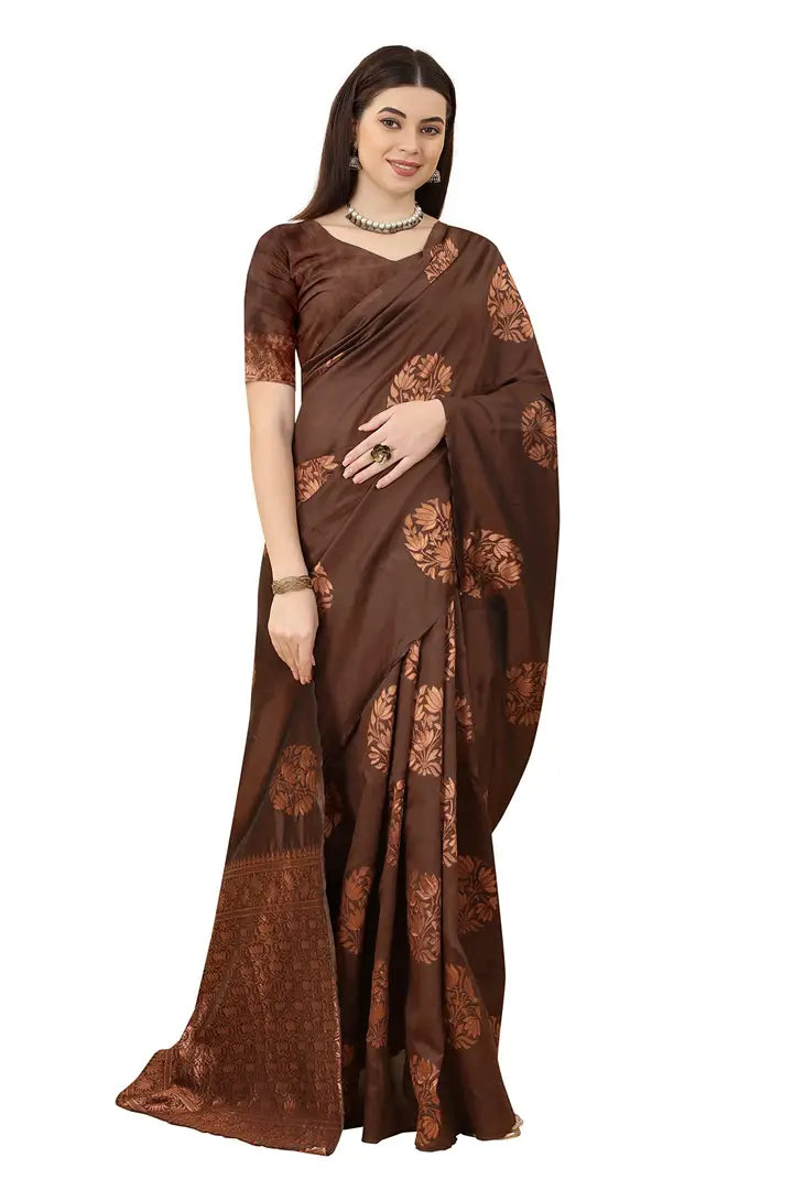 Nency Fashion Women's Saree Silk Fabric Saree Coffee Rust