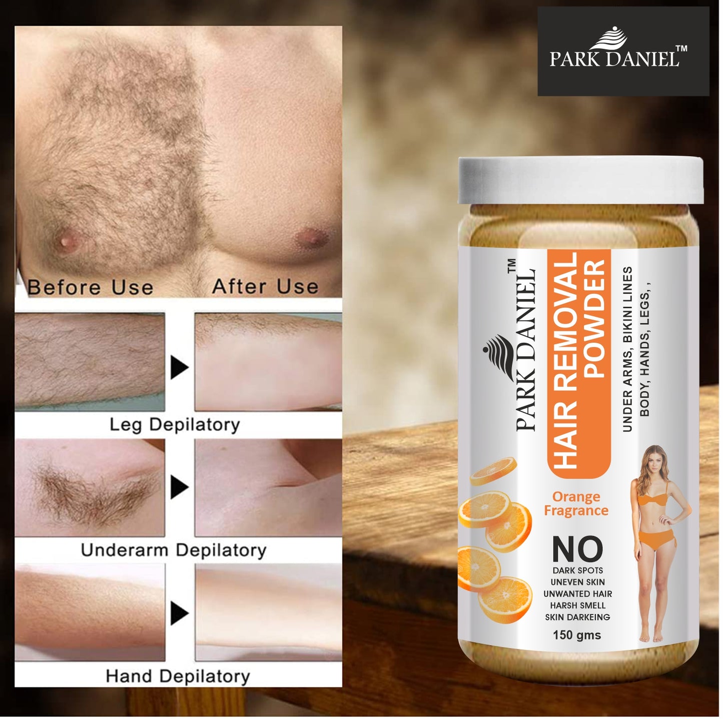 Park Daniel Natural Orange + Sandalwood Fragrance Hair Removal Powder-For Underarms, Hand, Legs & Bikini Line(Three in one Use)Combo Pack of 2 Jars of 150gm (300gm)