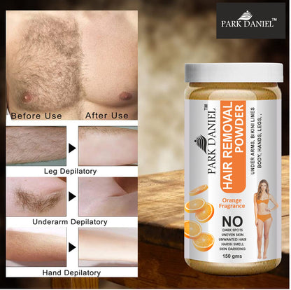 Park Daniel Natural Orange + Sandalwood Fragrance Hair Removal Powder-For Underarms, Hand, Legs & Bikini Line(Three in one Use)Combo Pack of 2 Jars of 150gm (300gm)
