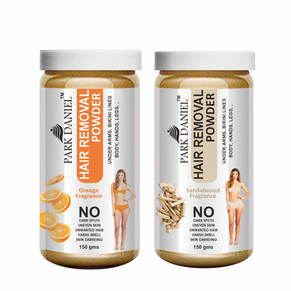 Park Daniel Natural Orange + Sandalwood Fragrance Hair Removal Powder-For Underarms, Hand, Legs & Bikini Line(Three in one Use)Combo Pack of 2 Jars of 150gm (300gm)
