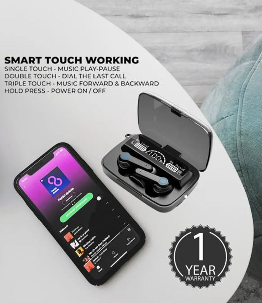 Ak M19 wireless bluetooth and heaphones V5.1 Bluetooth earbuds BLUETOOTH WITH 2200MAH BATTERY CAPACITY UPTO 20 HOURS PLAYTIME