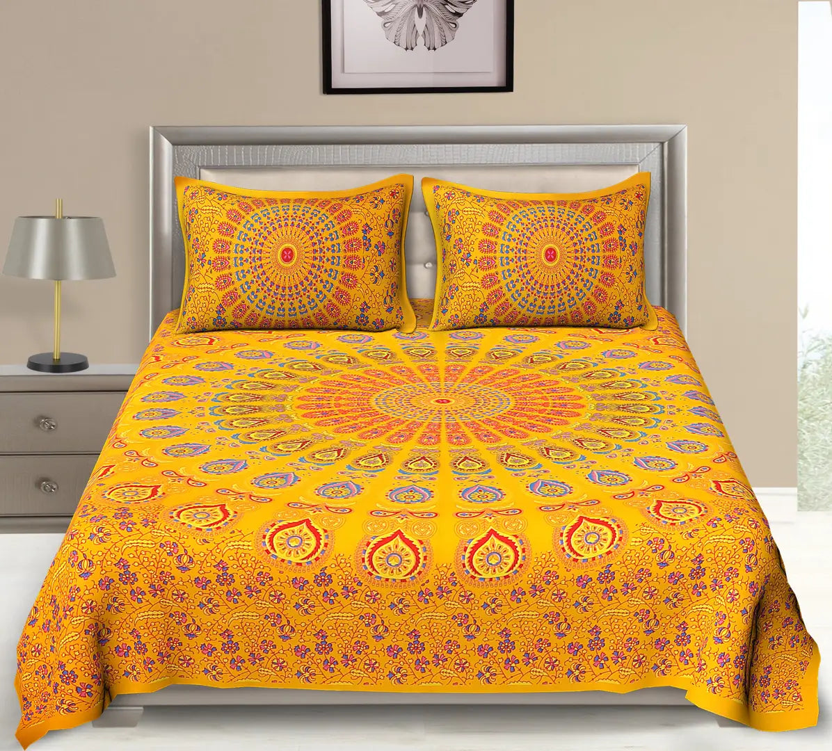 UniqChoice Cotton Bedsheet| Bedsheet with 2 Pillow Cover | Double Bedsheet| Yellow